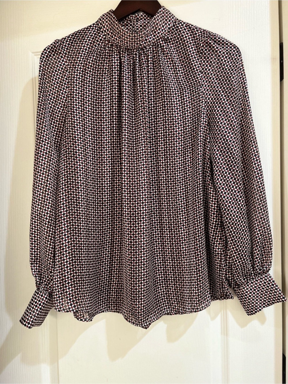 H&M High Neck Long Balloon Sleeve Satin Geometric Blouse Black/Burgandy/White M